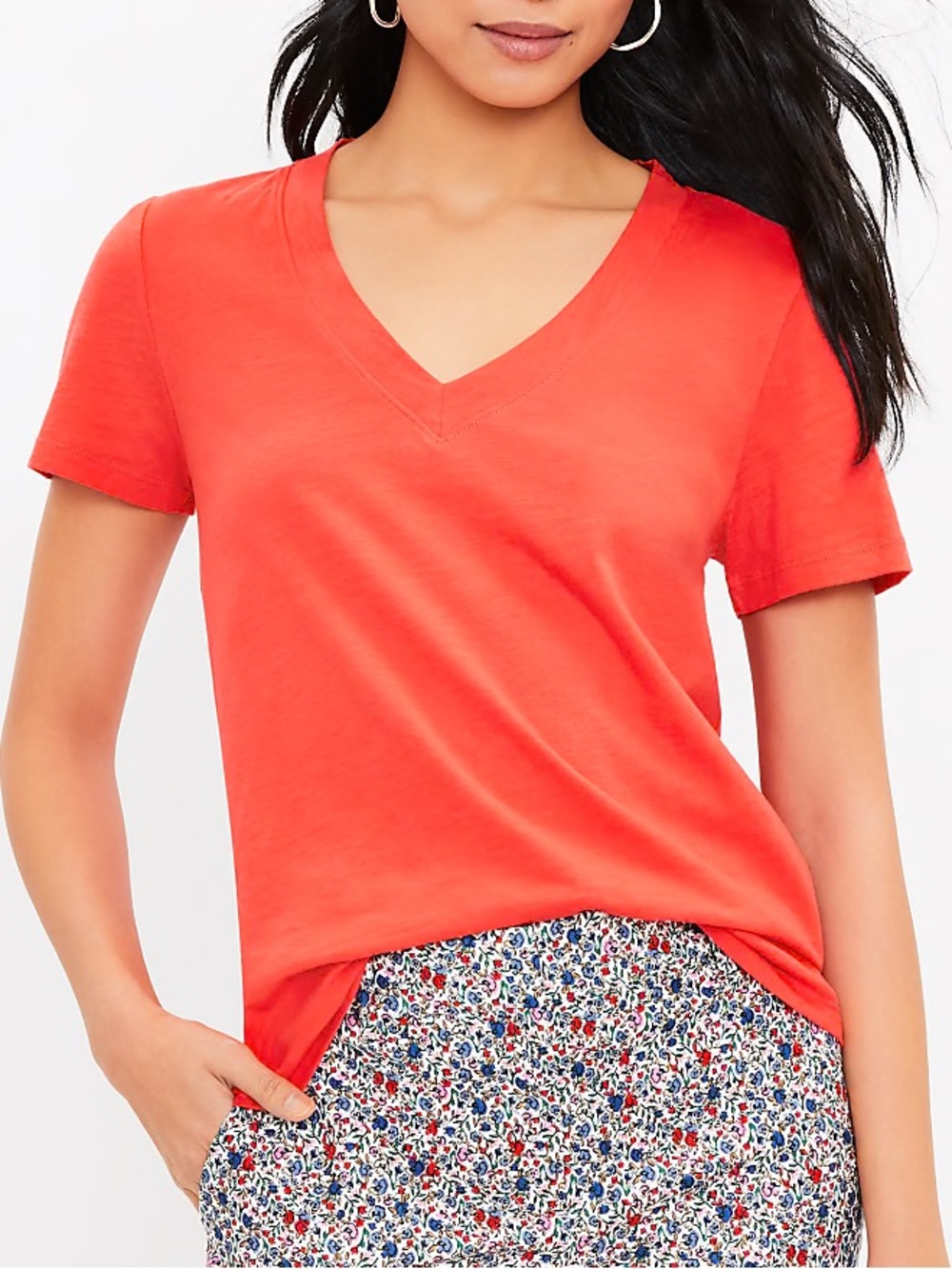 LOFT Coral-Orange V-Neck Short Sleeve Tee